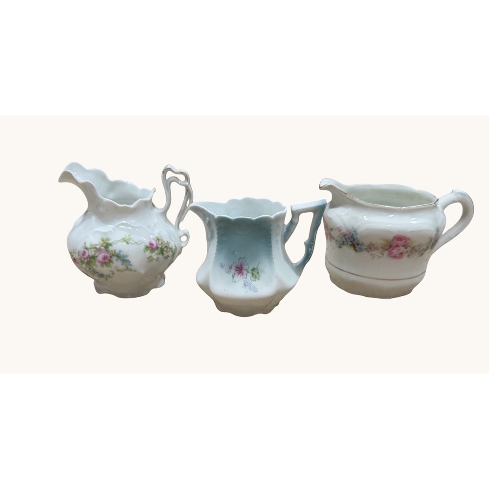 Vintage Set of 3 Floral Creamers Blue Pink Porcelain Shabby Chic Collection